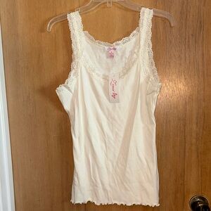 NWT Zena Lace Trim White Ribbed Tank Top Lace Straps Cotton XL